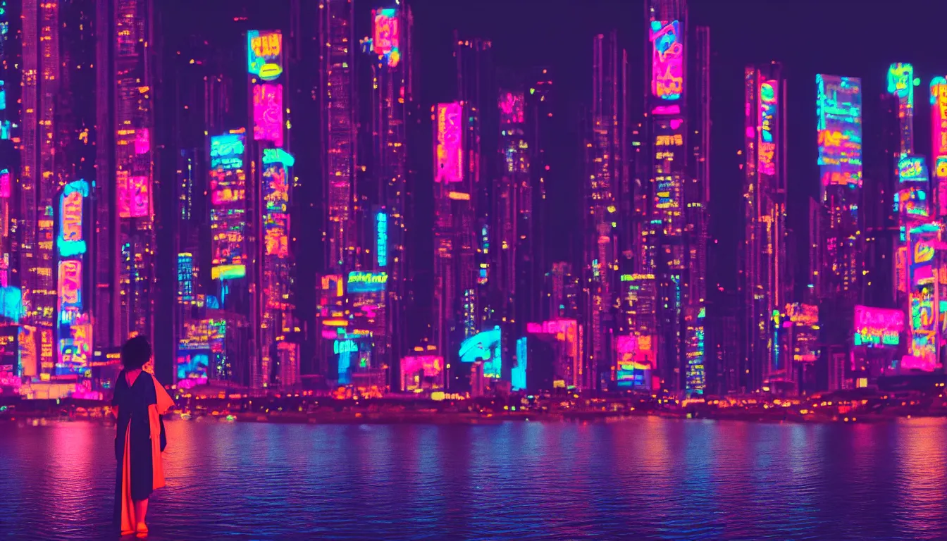 Image similar to 8 0 s neon movie still with a woman standing by a river at night. a cyberpunk city is in front of her. she is looking at the city. she is wearing a kimono. hyperrealistic, high definition, medium format photography, highly detailed, technicolor, anamorphic 5 0 mm lens