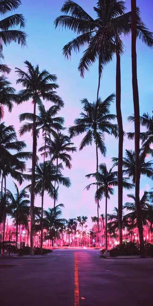 Prompt: Outrun view of Miami Beach, glowing lights, palm trees, Studio ghibli