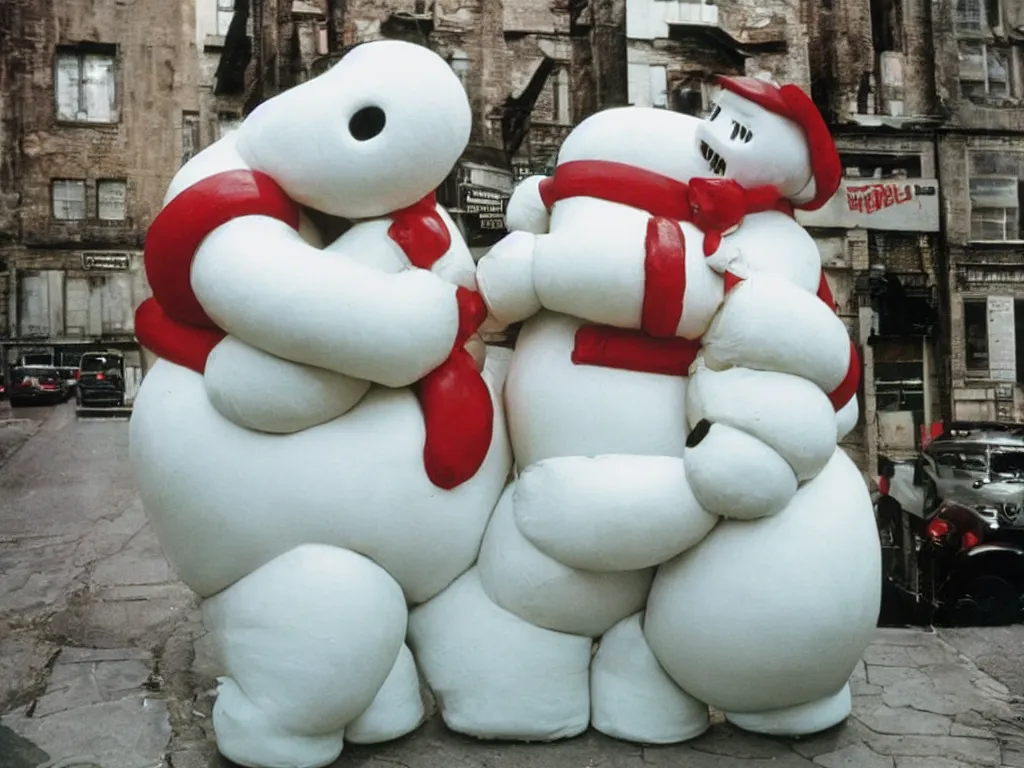 Image similar to 3 5 mm kodachrome colour photography of michelin man and stay - puft marshmallow man kissing each other, in love, taken by harry gruyaert