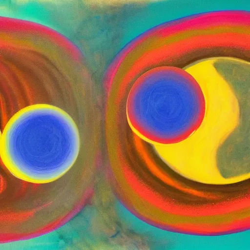Prompt: abstract painting of the abstracted sun and the abstracted moon, whose lights entangle in surreal spirals
