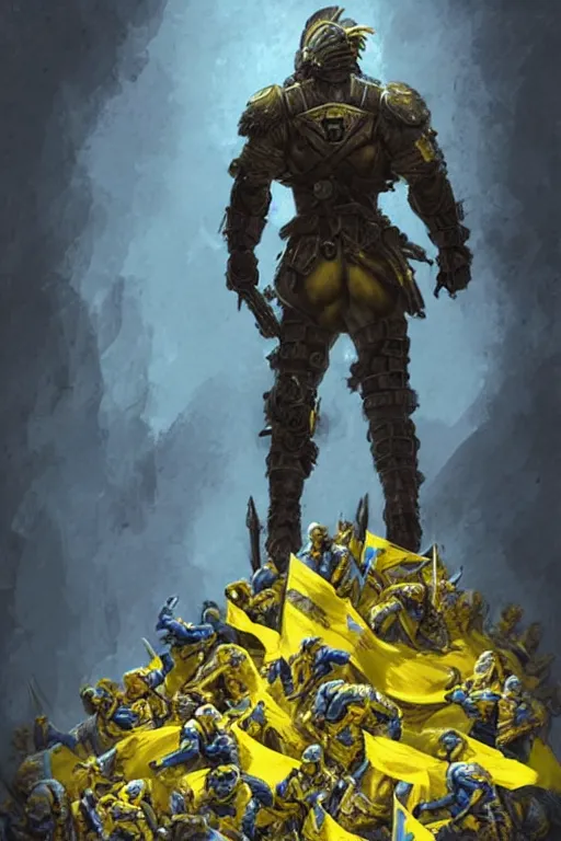 Image similar to a distant shot from behind of a Ukrainian super soldier with blue and yellow flag behind him standing alone on a huge pile of skulls as a winner, masculine muscular figure, D&D, fantasy, intricate, elegant, highly detailed, extremely detailed, digital painting, artstation, concept art, matte, smooth, sharp focus, illustration, art by Artgerm and Greg Rutkowski and Alphonse Mucha