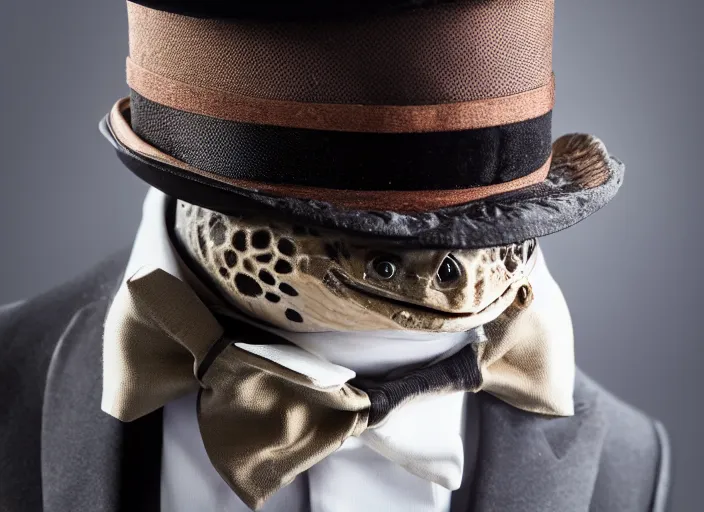 Image similar to photo still of a tortoise wearing a top hat and bowtie, 8 k, studio lighting bright ambient lighting key light, 8 5 mm f 1. 8