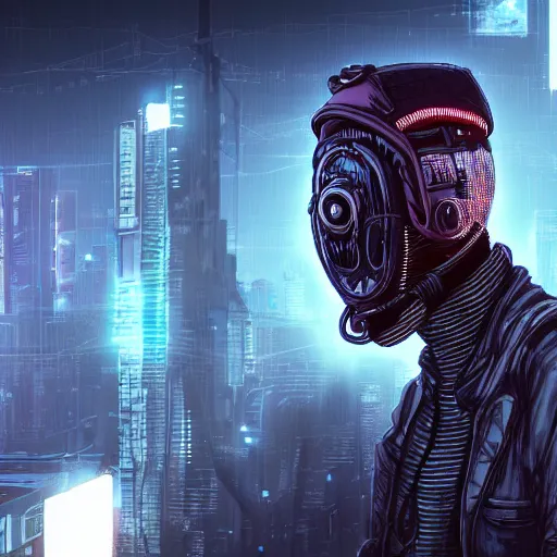 Image similar to in the style of max prentis and deathburger and laurie greasley a young mixed race male explorer wearing a cyberpunk headpiece who is communicating with a giant wise decaying robot head, highly detailed, 8k wallpaper