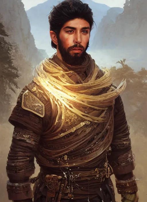 Image similar to Highly detailed portrait of Kurdish samurai, Stephen Bliss, unreal engine, fantasy art by Greg Rutkowski, Loish, Rhads, ferdinand knab, Makoto Shinkai and Lois van baarle, ilya kuvshinov, rossdraws, Tom Bagshaw, alphonse mucha, global illumination, radiant light, detailed and intricate environment