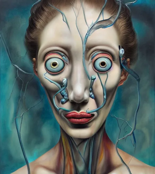 Prompt: strange surrealist, looming, biomorphic portrait of a woman with large eyes painted by dali, marco mazzoni, james jean, charlie immer and jenny saville, fluid acrylic, airbrush art, timeless disturbing masterpiece