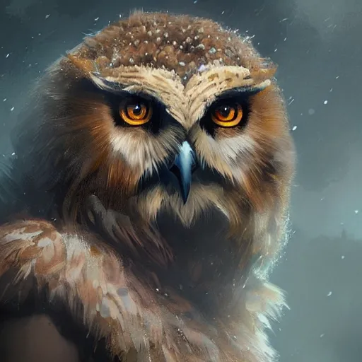 Image similar to three quarter portrait of an owlbear in the forest, d & d, fantasy, greg rutkowski