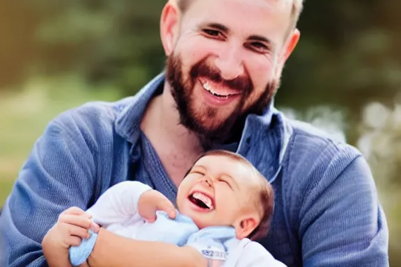 Image similar to a very happy man holding a baby by its leg