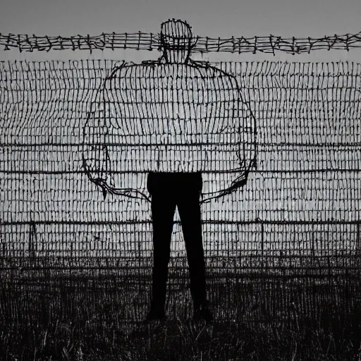 Prompt: a man standing in front of a fence with barbed wire, minimalism, dystopian art, retrofuturism