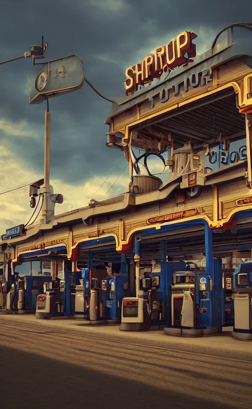 Image similar to steampunk gas station, 4 k, polished, photorealistic, hard edges, zoomed in, very coherent, sharp focus, rim light, exquisite lighting, blue gradient, hard edges, sci - fi, cinematic, octane render