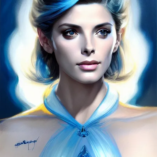 Image similar to Ashley Greene's face combined with Grace Kelly's face with blue hair wearing Final Fantasy Armor, western, D&D, fantasy, intricate, elegant, highly detailed, digital painting, artstation, concept art, matte, sharp focus, illustration, art by Artgerm and Greg Rutkowski and Alphonse Mucha