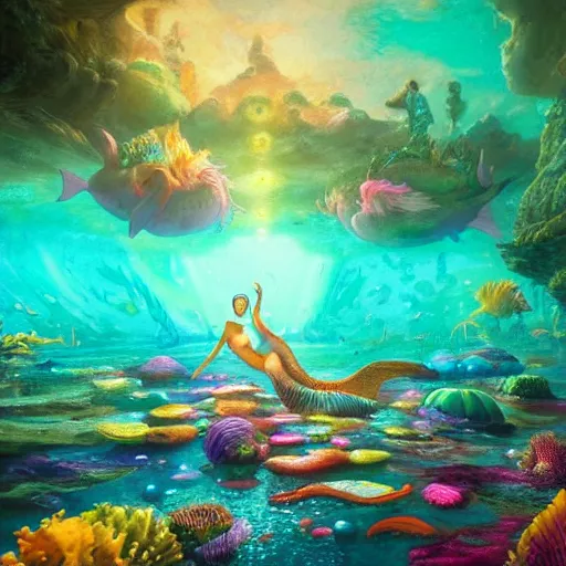 Image similar to a beautiful vivid colorful matte painting of mermaids dancing at an underwater discotheque by Grzegorz greg rutkowski and Tyler Edlin, with a disco ball, under the sea, ocean details, trending on ArtStation hq