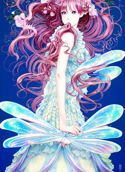 Image similar to exquisite imaginative manga poster of a fairy princess, fate grand order, long wavy hair, rococo ruffles dress, shimmering, by shigenori soejima, minaba hideo, katsuhiro otomo, jump comics, illustration, artstation, pixiv, dark fantastic, highly detailed, 8 k, fluorescent, fluorescent, maximalist