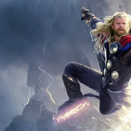 Prompt: thor falling from the bifrost, daylight, cinematic lighting, cinematic perspective, by weta digital, by weta fx