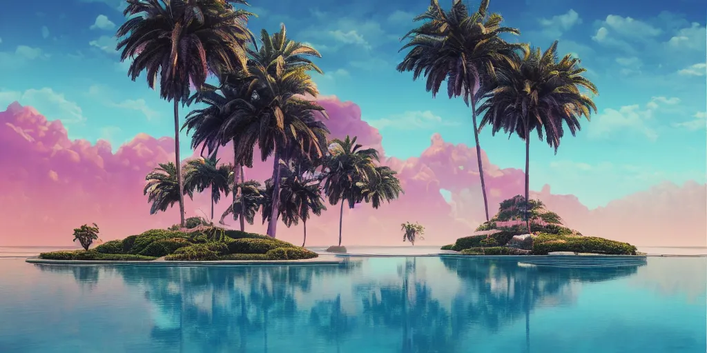 Image similar to Beeple masterpiece, hyperrealistic surrealism, award winning masterpiece with incredible details, epic stunning, infinity pool, a surreal vaporwave liminal space, highly detailed, trending on ArtStation, calming, meditative, pink arches, palm trees, vaporwave, surreal, sharp details, dreamscape, giant gold head statue ruins, crystal clear water, sunrise