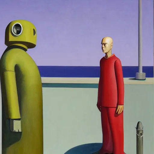 Image similar to robot bishop guards, human prisoners, brutalist supermax prison facility, end times, grant wood, pj crook, edward hopper, oil on canvas