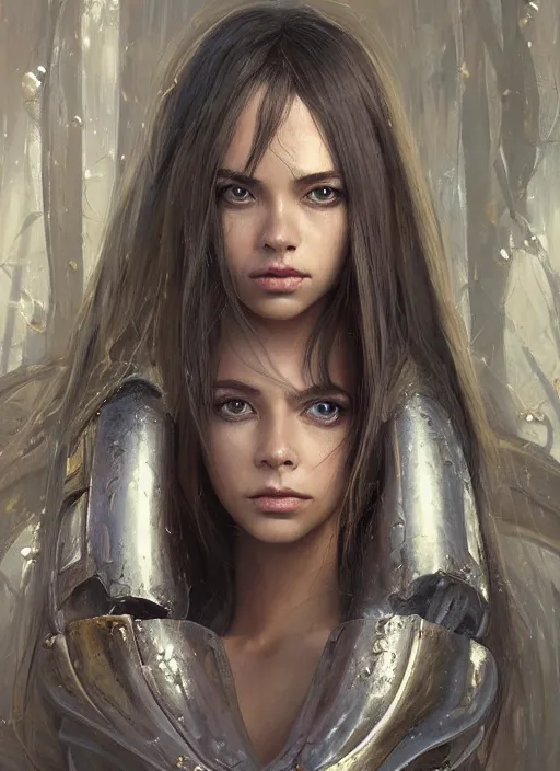 Image similar to a professional painting of a beautiful young female alien, clothed in ethereal armor, olive skin, long dark hair, beautiful bone structure, symmetrical facial features, intricate, elegant, digital painting, concept art, smooth, sharp focus, illustration, from Valerian and the City of a Thousand Planets, by Ruan Jia and Mandy Jurgens and Artgerm and William-Adolphe Bouguerea