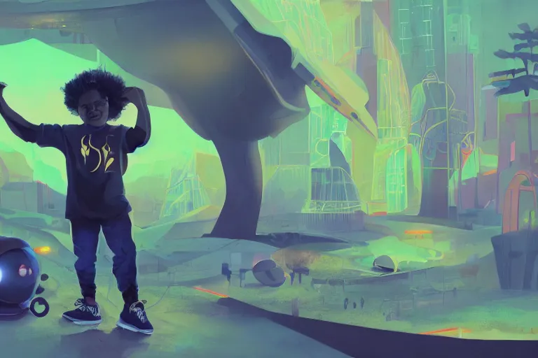 Image similar to a black kid playing with a futuristic robot in the nature, mixing solarpunk, afropunk, cyberpunk, ( ( ( ( volumetric light ) ) ) ), high angle, part by pearl fryar, part by prince damah, sunny day, trending on artstation, cinematic view, illustration, painting.