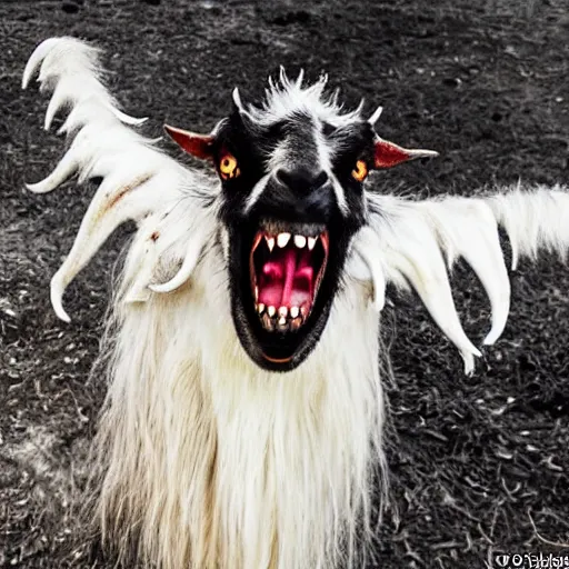 Prompt: horror, screeching mutant goat monster with big sharp teeth and filthy white matted fur