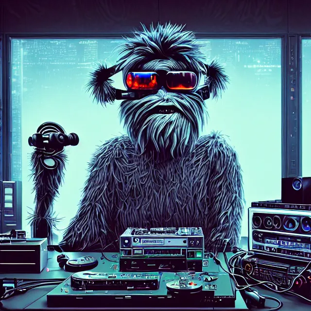 Image similar to a portrait of an anthropomorphic cyberpunk yeti podcasting while working in his secret electronics lab, detailed render, tape deck, microphone, boombox, headphones, epic composition, cybernetics, 4 k realistic, cryengine, realistic shaded lighting, sharp focus, masterpiece, by matteo scalera, gary montalbano, peter elson in the style of the tokyo ghost comic