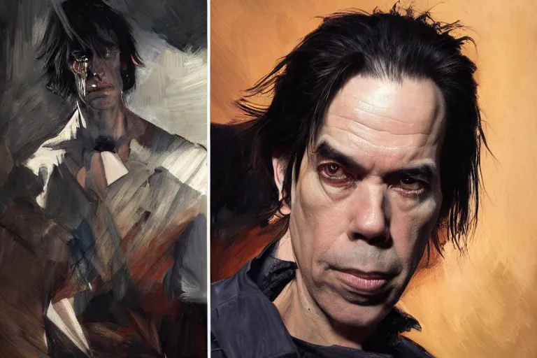 Prompt: a portrait of nick cave, masterpiece, dramatic lighting, painting by caravaggio and ruan jia and daytoner and jakub rebelka and android jones