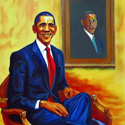 Image similar to a painting by Okeke Chukwuka Francis of Barak Obama sitting in a chair