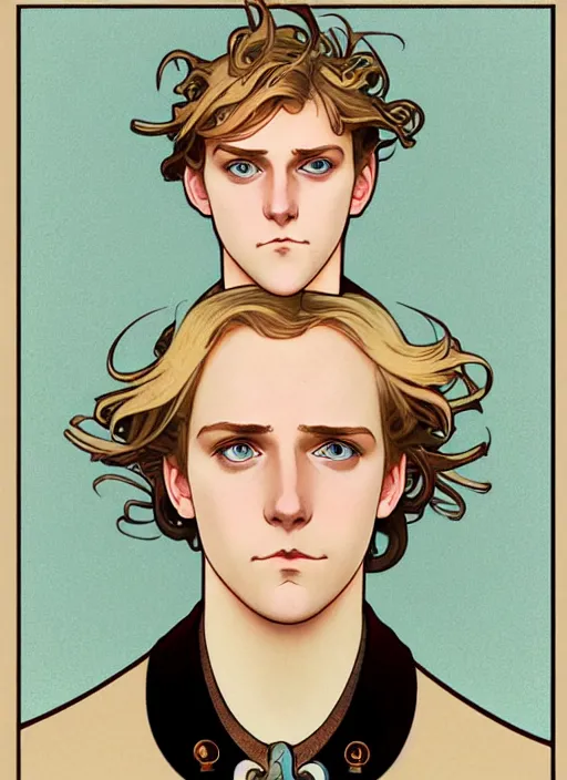 Image similar to art nouveau portrait of a pretty young man with short light brown straw blond hair, light blue eyes, sad expression, scared, head down, shy and demure, wearing a choker collar, natural lighting, path traced, highly detailed, high quality, cartoon, digital painting, by don bluth and ross tran and studio ghibli and alphonse mucha