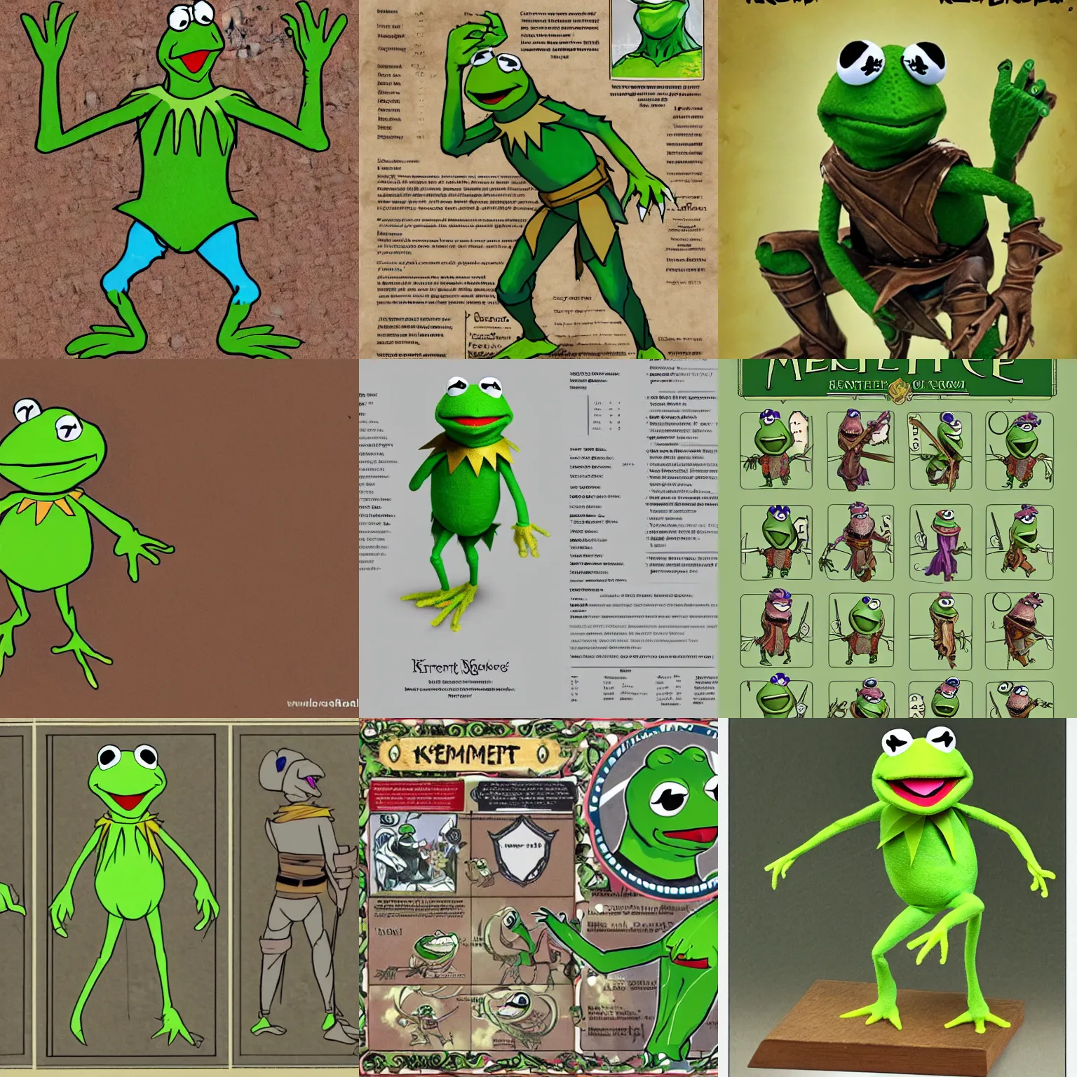 Prompt: Character reference sheet of Kermit the frog in mythical armour set