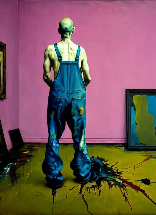 Image similar to an insane, skinny, artist wearing dirty, torn overalls, expressive painting the walls inside a grand messy studio, depth of field, hauntingly surreal, highly detailed painting by francis bacon, edward hopper, adrian ghenie, glenn brown, soft light 4 k in pink, green and blue colour palette, cinematic composition,