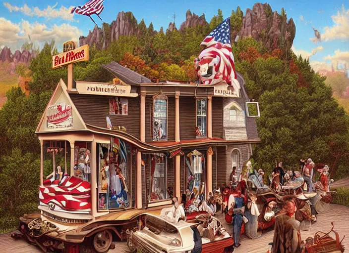 Image similar to americana tourism, lowbrow, matte painting, 3 - d highly detailed, in the style of mark ryden,