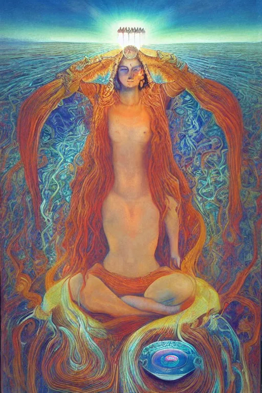 Image similar to mystic cult girl performing third eye ritual, expanding energy into waves into the ethos, epic surrealism oil paint, post modernist layering, by Ernst Fuchs, John Howe highly detailed