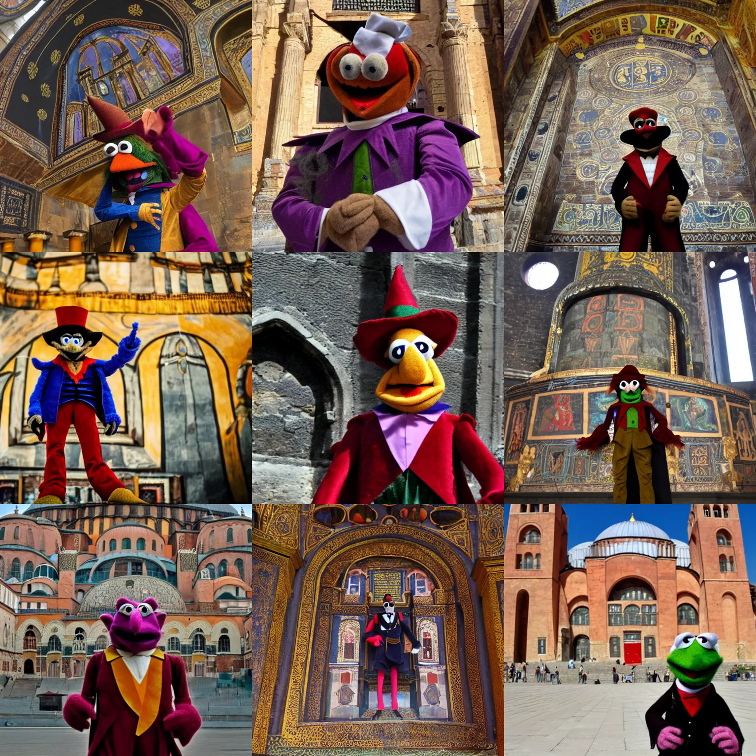 Prompt: medium full angle photo of count von count from the muppet show in front of hagia sophia