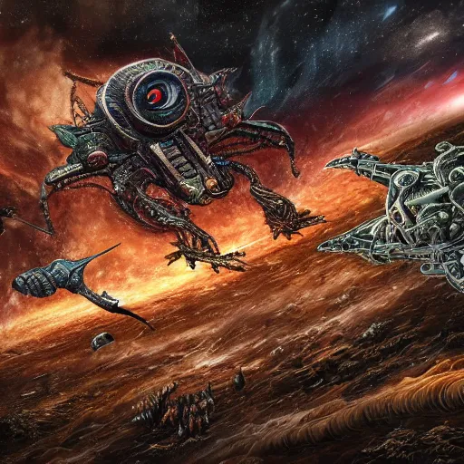 Image similar to intricate, detailed alien space battle, in the style of mark cooper, 8 k, hyper detailed, hdr,