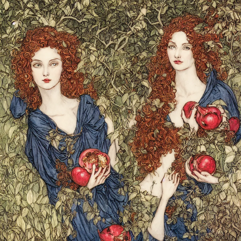 Prompt: a beautiful rebecca guay portrait illustration of persephone holding a pomegranate. 8k hq