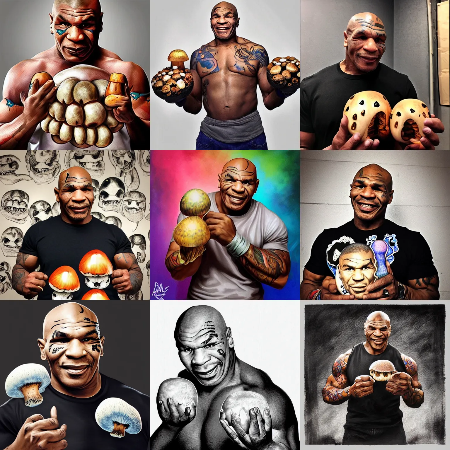 Prompt: mike tyson with a menacing grin, holding cubensis mushrooms by artgerm, android jones