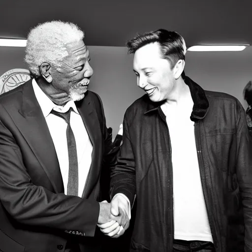 Image similar to morgan freeman shaking hands with elon musk, grayscale photography, black and white