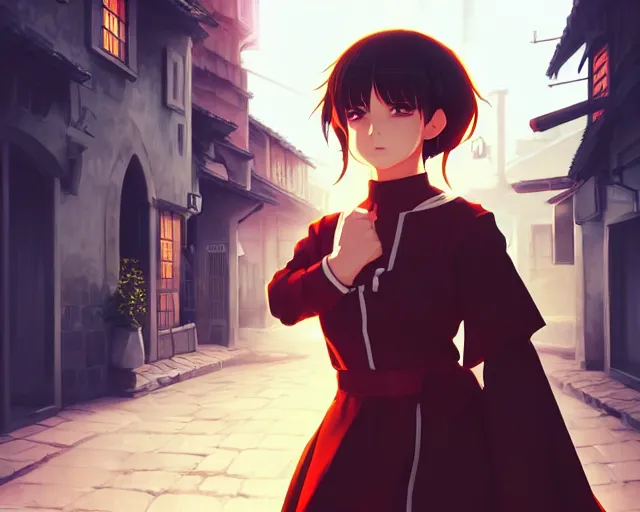 Image similar to ilya kuvshinov key anime visual portrait of a young female in robe walking through a busy medieval village, dynamic pose, dynamic perspective, cinematic, dramatic lighting, detailed silhouette, anime proportions