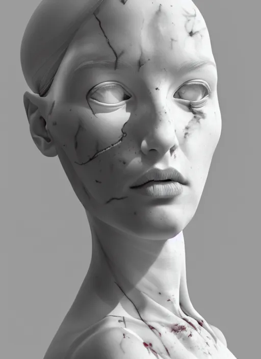 Image similar to a statue made of white marble covered in blood, of an gorgeous futuristic cybernetic angel girl, prostheses, transhumanism, full body shot, perfect symmetrical body, perfect symmetrical face, hyper realistic, hyper detailed, by johannen voss, by peter kemp, by monia merlo, by michelangelo, octane render, blender, 8 k