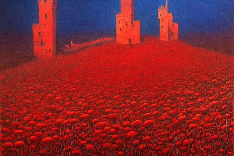 Image similar to only with red, red flowers of different types, a red tiger, a castle in the background, medieval demons dance over the flowers, an ancient path, in the style of beksinski, part by hopper, part by rodcenko, part by hofbauer, intricate composition, red by caravaggio, insanely quality, highly detailed, masterpiece, red light, artstation