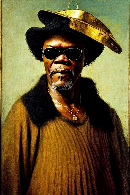 Prompt: high quality celebrity portrait of samuel l jackson wearing a gold crown and sunglasses, painted by the old dutch masters, rembrandt, hieronymous bosch, frans hals, symmetrical detail