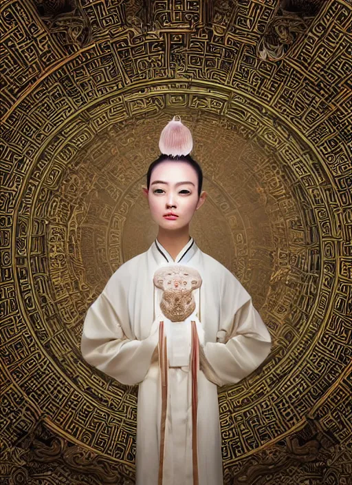Prompt: godly Chinese ancient sentiel standing in the ancient temple during magical ritual, symmetrical face, big eyes and lips, looking down, subtle makeup, clean face and body skin,ecstatic expression,volumetric lights,depth of field, lens flares, dust in the air, moody lighting, intricate, elegant, highly detailed, centered, smooth, sharp focus, Donato Giancola, Joseph Christian Leyendecker, WLOP, Boris Vallejo, Artgerm moody photography, old photo, black and white, sepia, cinematic lighting, cinematic angle, national geographic