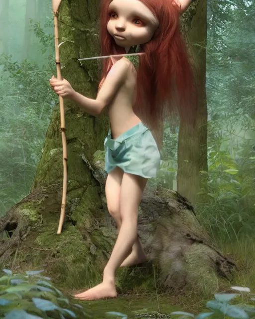 Image similar to a cute weird looking sweet creature holding a stick in a forest, concept art by Wendy Froud, cgsociety, fantasy art, daz3d, concept art, character