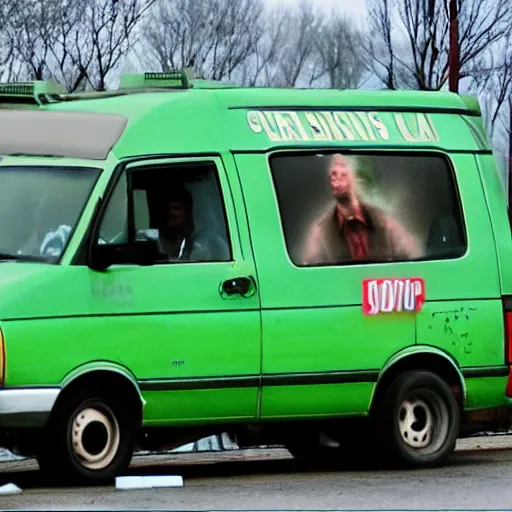 Image similar to terry a davis chasing green glowing fbi agents in his grey van