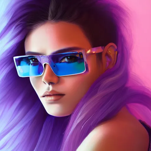 Prompt: closeup painting of a very beautiful young mexican cyberpunk woman with a smirk, wearing light blue louvered shades and a purple leather jacket, one side haircut, long brown hair with light blue ends, portrait, hyperdetailed, artstation, cgsociety, 8 k, synthwave image