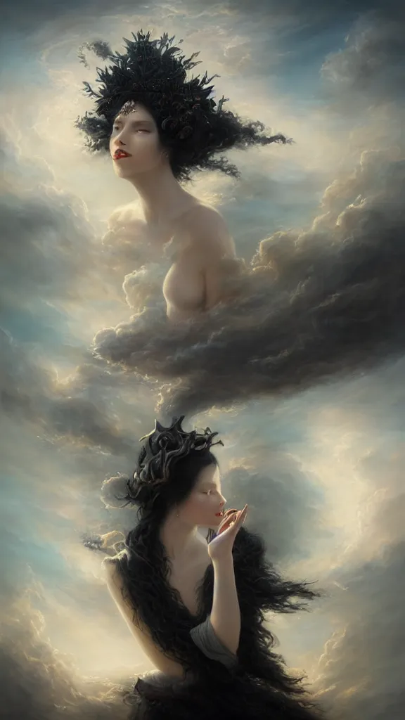 Image similar to a woman with very black hair and pale skin with a crown on her head walking on the clouds, in the style of tomasz alen kopera and fenghua zhong and peter mohrbacher, mystical colors, rim light, beautiful lighting, 8 k, stunning scene, raytracing, octane, trending on artstation,