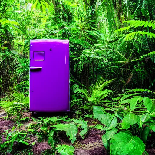 Image similar to purple refrigerator in a jungle, 4k photograph