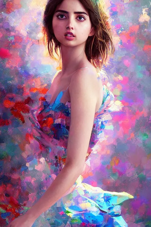 Prompt: a ultra detailed beautiful painting of ana de armas, wearing a colorful flowing dress, high angle shot, oil painting, by ilya kuvshinov, greg rutkowski and makoto shinkai