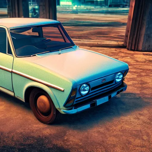 Prompt: Unreal render of soviet Lada 2107, pastel colours, volumetric lighting, octane render, 4k, wide shot, highly detailed, hyperrealistic, grading, synthwav, Cyberpunk