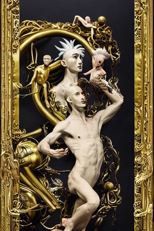 Prompt: instax of The Son of Man from Vogue editorial fashion photography, dressed by Givenchy and Salvatore Ferragamo, haute couture painted by Andrea Pozzo, still frame of Pan's Labyrinth and Prometheus by Guo Jian and Yue Minjun, in lush brass porcelain by Javier Medellin Puyou,