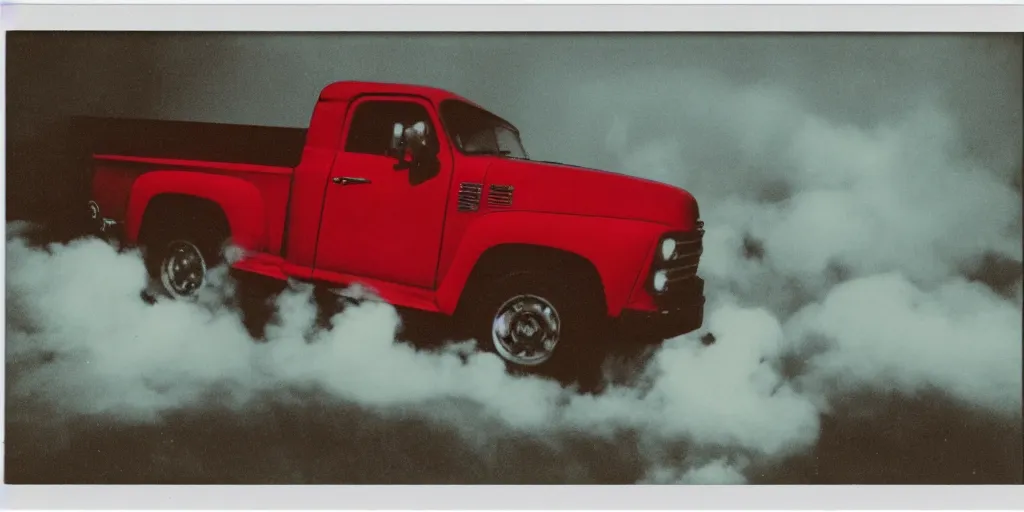 Image similar to polaroid photo of a red truck on fire, big smoke clouds, at night, stars visible in the sky, slight color bleed