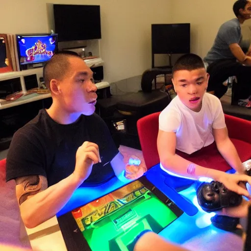 Image similar to a honey badger, creeper, and Shaolin monk playing video games together